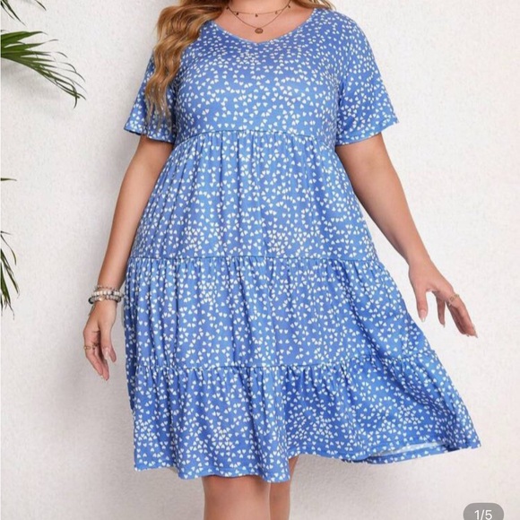SHEIN Dresses & Skirts - SHEIN Blue Heart Print Tiered Babydoll Dress Lantern Sleeve Plus Size 1X